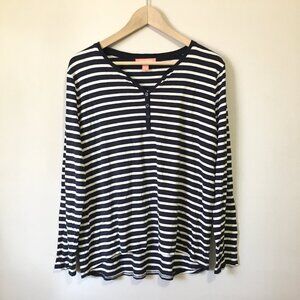 Black & White Striped Half 1/3 Button Collar Long Sleeve Rayon Shirt